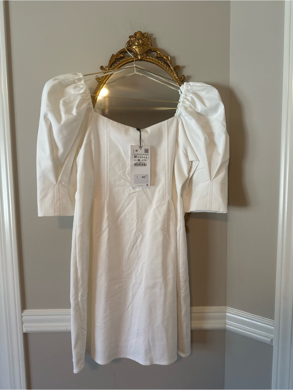 Zara White Puff-Sleeve Square Neck Dress